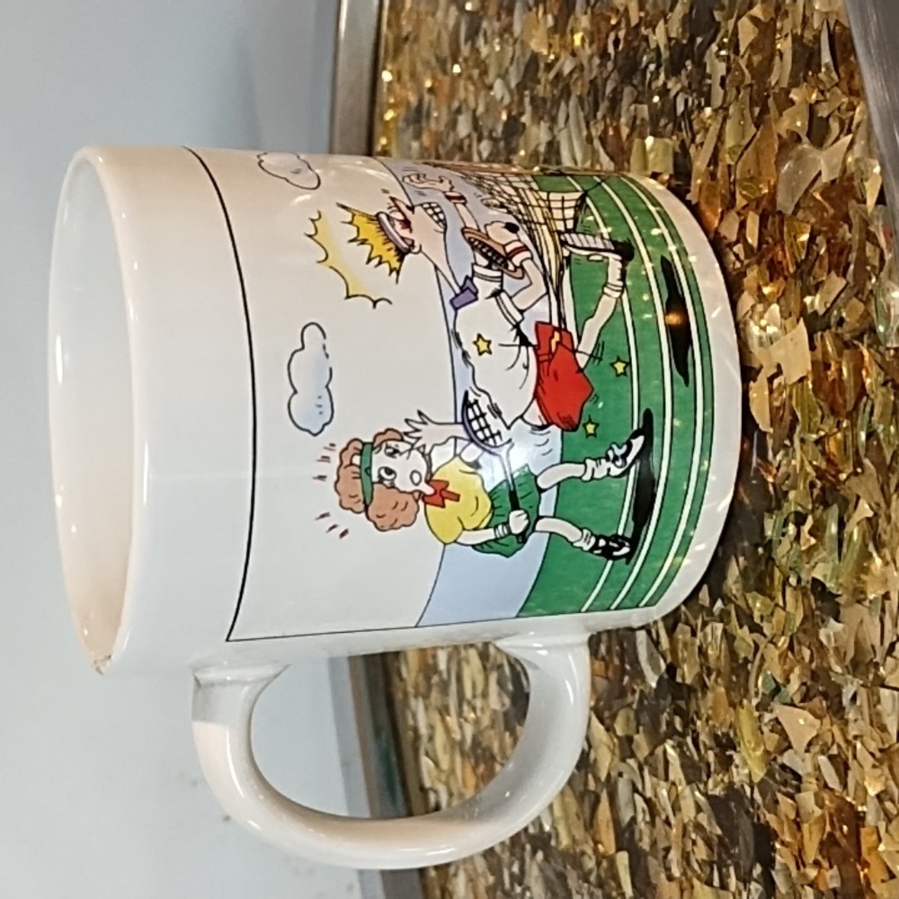 Coffee cup Tennis Comic Cartoon Story Line Sports Humor WCL